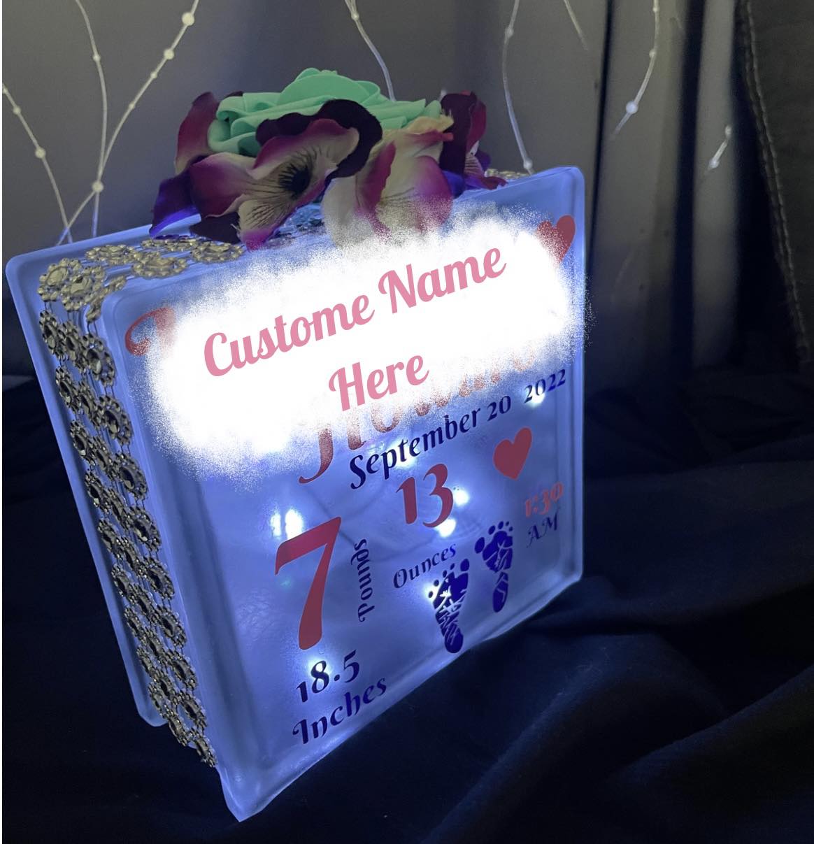 Personalized Glass Block Birth announcement night light.