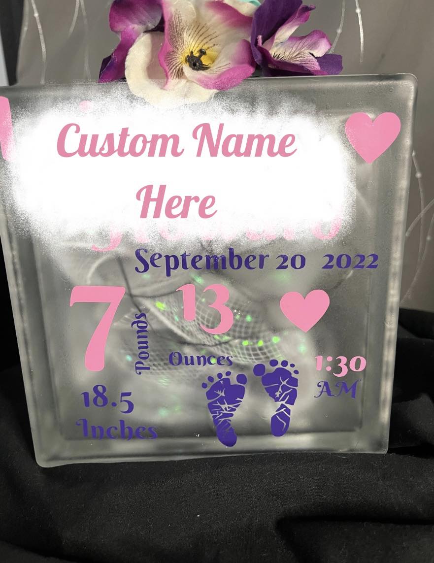 Personalized Glass Block Birth announcement night light.